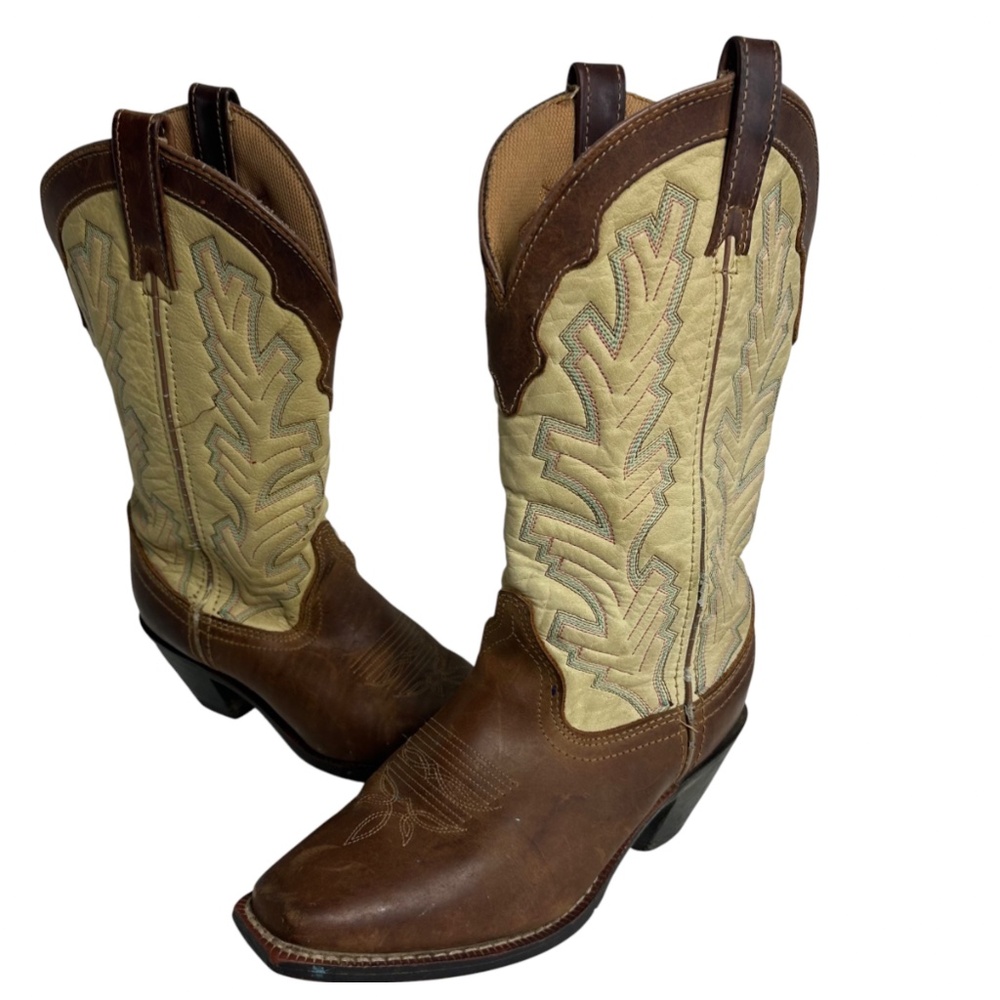 Laredo Cowboy Boots Womens Sz 6 Snip Toe Leather Brown Yellow Western Cowgirl